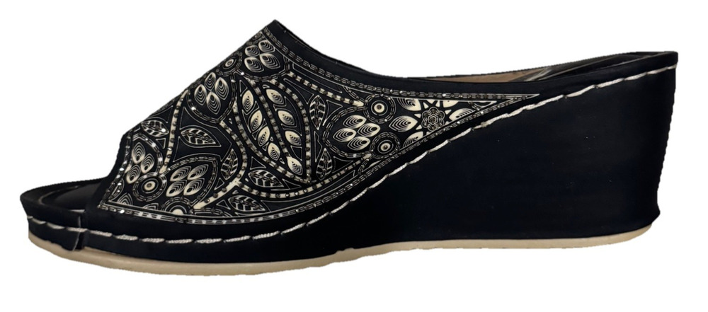 Atalina Women’s Wedge Slide Sandals Black Floral Embossed Size 10 EU 41
